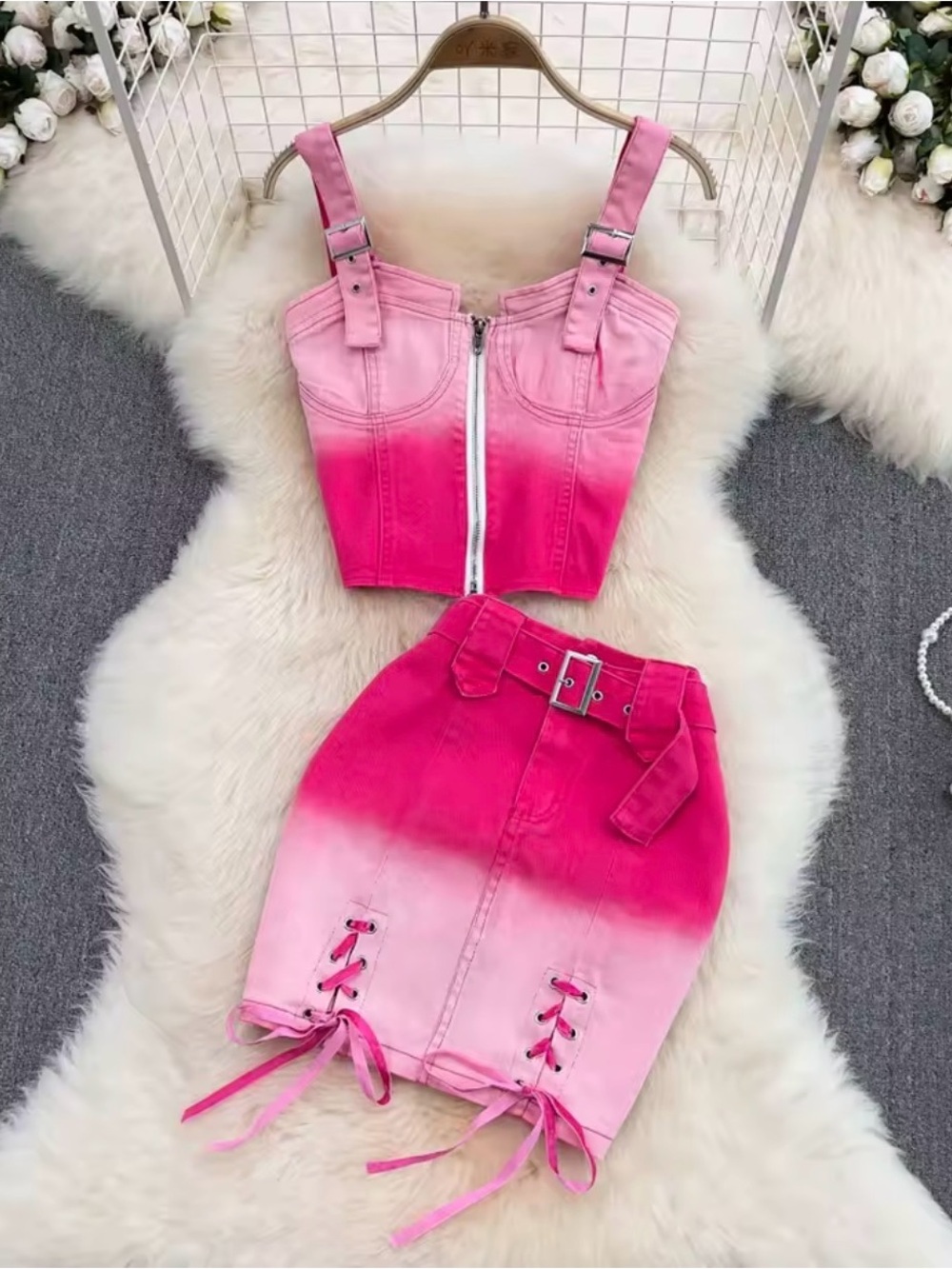 Pink Ombre Denim Skirt Set with Lace-Up Detail